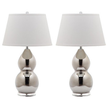 Jill Double Gourd Ceramic Lamps, Set Of 2, Silver With White Shade