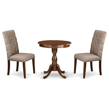 3 Pieces Dining Set, Round Mahogany Table & Dark Khaki Upholstered Chairs