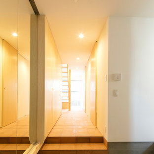 東京23区の中サイズのラスティックスタイルのおしゃれな玄関ホール (白い壁、テラコッタタイルの床、ターコイズの床) の写真