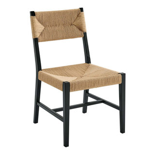 GDF Studio Emerys Beech Wood and Rattan Dining Chair with Faux Leather Cushion, Set of 2, Black