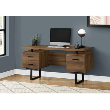 Contemporary Floating Desk, Metal Frame and 3 Storage Drawers, Walnut/Black