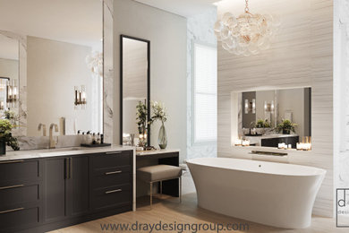 Example of a large transitional master white tile and marble tile porcelain tile, brown floor and single-sink bathroom design in Other with black cabinets, white walls, an undermount sink, quartzite countertops, white countertops, a niche and a built-in vanity
