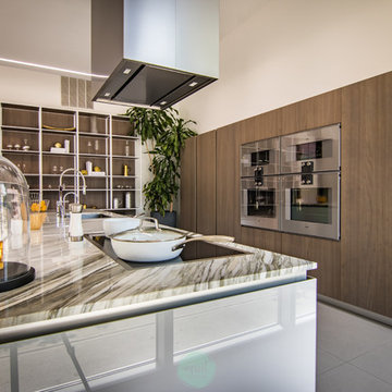 Modern kitchen in High Gloss Glass and Mink Elm Wood