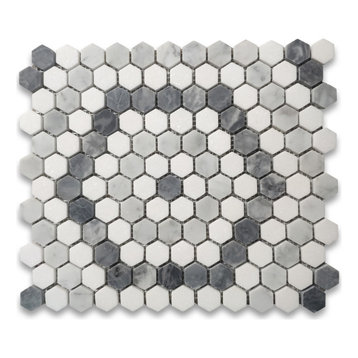 Carrara Thassos Bardiglio Marble 1" Hexagon Riverside Drive Tile Honed, 1 sheet