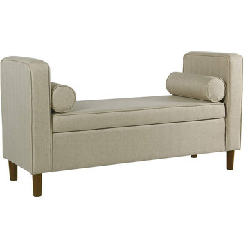 Modern Storage Bench, Upholstered Seat With Arms & Pillows, Cream Linen