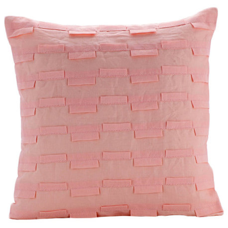 Textured Pintucks 16"x16" Cotton Linen Pink Accent Pillows, Candy Floss