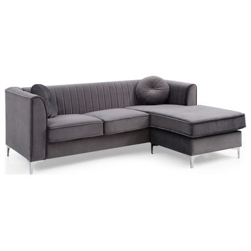 Delray 87 in. Gray Velvet L-Shape 3-Seater Sectional Sofa With 2-Throw Pillow