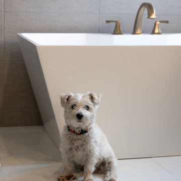 Spa Like Primary Bathroom Remodel with Warm Wood & Brass Details