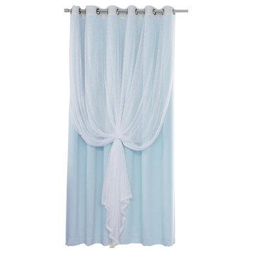 2 Piece Mix and Match Wide Dotted Tulle Lace Blackout Curtain Set, Sky Blue