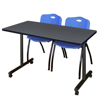 48" x 24" Kobe Mobile Training Table- Grey & 2 'M' Stack Chairs- Blue
