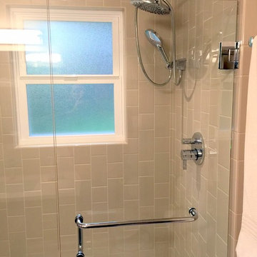 Vertical two size subway tile walk in shower