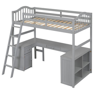 Gewnee Wood Twin Loft Bed with Drawers, Shelves and Desk in Gray