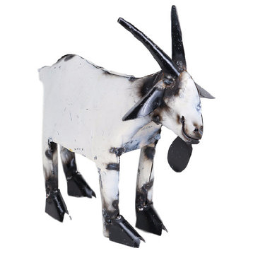 Recycled Metal Garden Farmhouse Goat-Handmade-Rustic, White & Black, Small