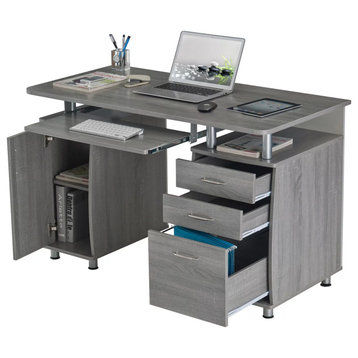 Modern Desk, Floating Top With Single Door Cabinet & Sliding Keyboard Tray, Gray