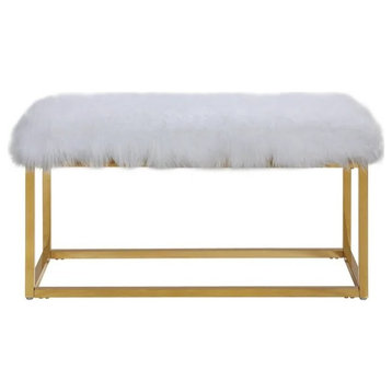 Elegant Accent Bench, Gold Finished Metal Frame With Soft Faux Fur Seat, White