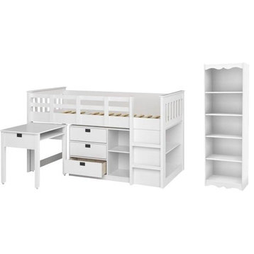 2 Piece Kids Bedroom Set with Loft Bed and Bookcase in White
