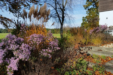 Mittelgroßer Moderner Garten im Herbst, hinter dem Haus mit direkter Sonneneinstrahlung und Betonboden in Hamburg
