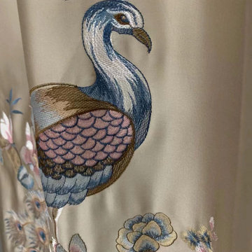 QYHL225C Silver Beach Embroidered Colorful Peacock Faux Silk Custom Made Curtain