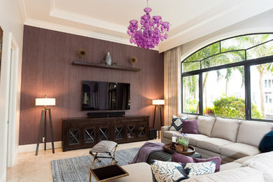 Design ideas for a transitional family room in Miami with marble floors, a wall-mounted tv, beige floor and wallpaper.