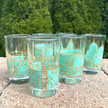 Hand Painted Tea Glasses Set, Beautiful Eton Blue Glass Teacups