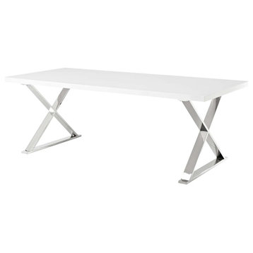Contemporary Dining Table, X Shaped Legs With Rectangular Top, White/Silver