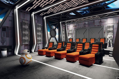 Design ideas for a large modern enclosed home cinema in Essex with black walls, carpet, a projector screen and grey floors.