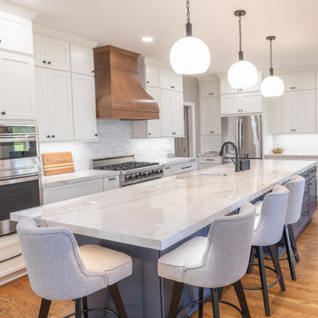 Porcelain Island Kitchen Remodel with Custom Built-Ins + Fireplace Feature