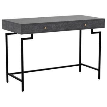 Multifunctional Desk, Metal Frame With Rectangular Top & 2 Drawers, Black/Grey