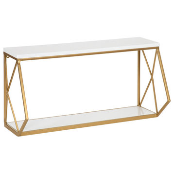 Brost Wood and Metal Wall Shelf, White/Gold 22x8x10.25