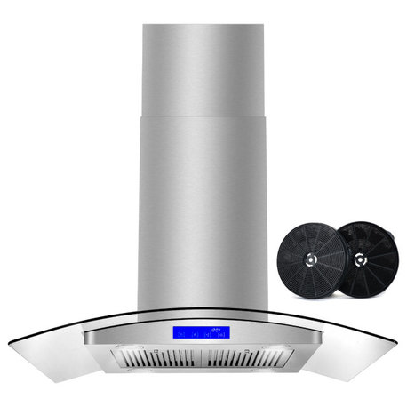 Cosmo 380 CFM Euro Stainless Steel Island Glass Range Hood With Permanent Filter, 36", Ductless