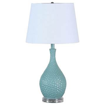 28" Aqua Hammered Urn Table Lamp With White Tapered Drum Shade
