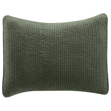 Stonewashed Cotton Velvet Quilted Pillow Sham, 21"x34", Fern Green, 1 Piece