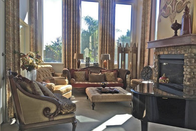 Example of a huge tuscan formal and enclosed carpeted living room design in Toronto with beige walls, a corner fireplace, a brick fireplace and no tv