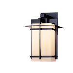 Hubbardton Forge - Tourou Downlight Large Outdoor Sconce, Coastal Black Finish, Opal Glass - Although the design is in honor of traditional Japanese stone lanterns, our Tourou Outdoor Sconce is much easier to mount on the outside of your home or business. Metals bands crisscross and hug the square glass tube for design flare.