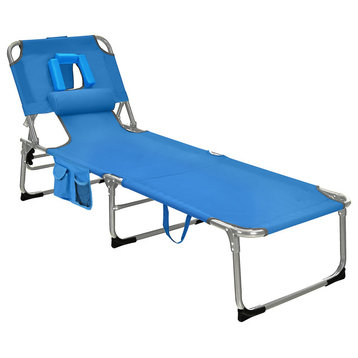 Goplus Outdoor Beach Lounge Chair Folding Chaise Lounge with Pillow Blue