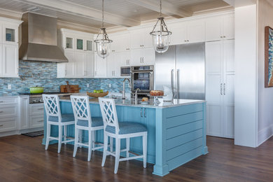 Design ideas for a beach style l-shaped kitchen in Jacksonville with shaker cabinets, white cabinets, multi-coloured splashback, stainless steel appliances, dark hardwood floors, with island, brown floor, a farmhouse sink, quartzite benchtops and glass tile splashback.