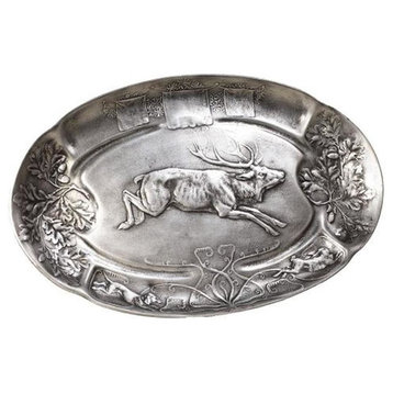 Tray Leaping Stag Deer Relief Rustic Mountain Oval Hand-Cast USA OK