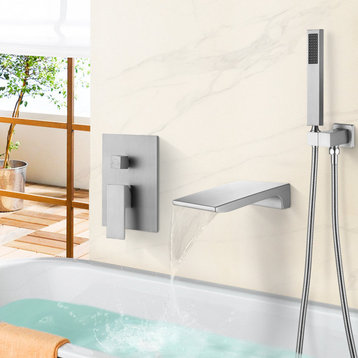 High Pressure Shower System With Waterfall Tub Spout & Handheld Shower, Brushed Nickel, 59" Hose