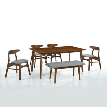 WestinTrends  6-Piece Mid Century Modern Dining Table Chair Set, Walnut/Beige, G