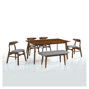 WestinTrends 6-Piece Mid Century Modern Dining Table Chair Set, Walnut/Beige, G