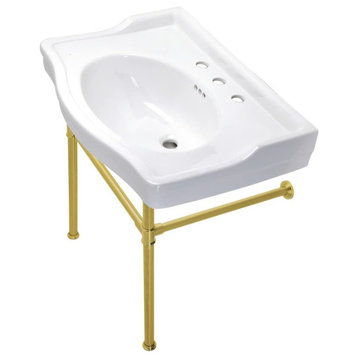 Victorian Bathroom Sink, Stainless Steel Legs & Ceramic Basin, Brushed Brass