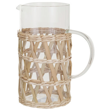 Glass Pitcher With Woven Sleeve, Natural