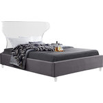 Meridian Furniture - Ghost Velvet Upholstered Bed, Gray, Queen - There's nothing scary about the Ghost grey velvet queen size bed, with its plush cushioned and upholstered side rails and footboard. A curved transparent acrylic headboard allows you to situate it in front of a window without blocking the view, and matching acrylic legs offer a beautiful contemporary appearance. This bed has a complete set of slats included for your convenience, so you won't need to purchase a box spring.