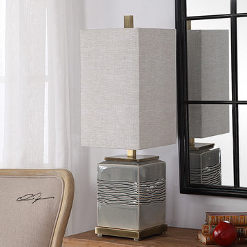 Embossed Square Gray Tall Shade Buffet Lamp | Wavy Lines Brass Bronze Beige