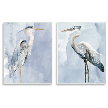 Heron Birds Standing Blue Sky Watercolor Painting, 2pc, each 10 x 15