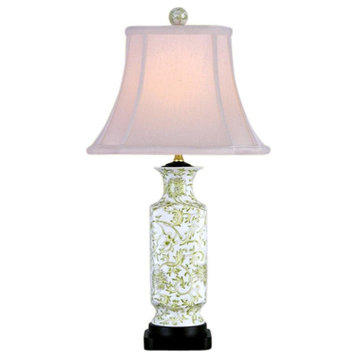 Beautiful White and Green Tapestry Vase, Porcelain Table Lamp, 24"