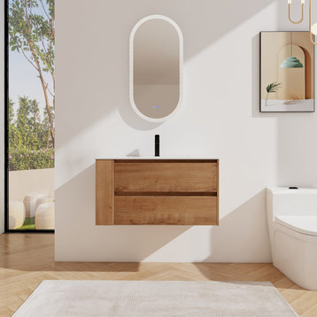 BNK Single Sink Bathroom Vanity with Soft Close Drawers and Adjustable Shelf, Imitative Oak-36 Inch