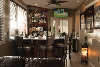 Example of a mid-sized minimalist single-wall seated home bar design in Other with open cabinets, dark wood cabinets and marble countertops