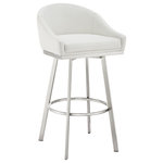 Armen Living - Noran Swivel Counter Stool, Brushed Stainless Steel With White Faux Leather - Create an inviting and comfortable setting with the Noran Swivel Counter or Bar Height Stool in Faux Leather and Metal by Armen Living. A perfect blend of style and comfort, our barstool features a barrel style seat and sturdy 4-leg metal base. This metal bar stool is upholstered in faux leather upholstery. Faux leather does not crack easily and is stain resistant, does not fade easily and is also UV resistant. This modern bar stool is ideal for your kitchen island, pub table, home bar, or adjustable desk. Use universally in your home from your kitchen to your home office and allow its versatility to shine. The convenient 360-degree swivel function allows for maximum mobility. The smooth glide swivel allows you to change directions with ease, making this your new favorite seat in your home. This swivel bar or counter stool easily incorporates into any home and is available in your choice of counter or bar seat height and comes in a brushed stainless-steel finish with black, grey, or white faux leather upholstery or a black finish with black and grey faux leather upholstery.