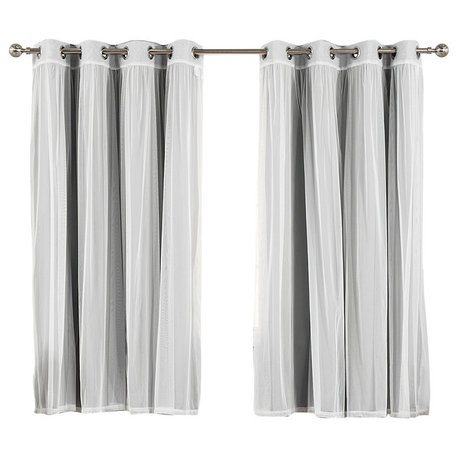 Gathered Tulle Sheer and Blackout 4-Piece Curtain Set, Gray, 96"